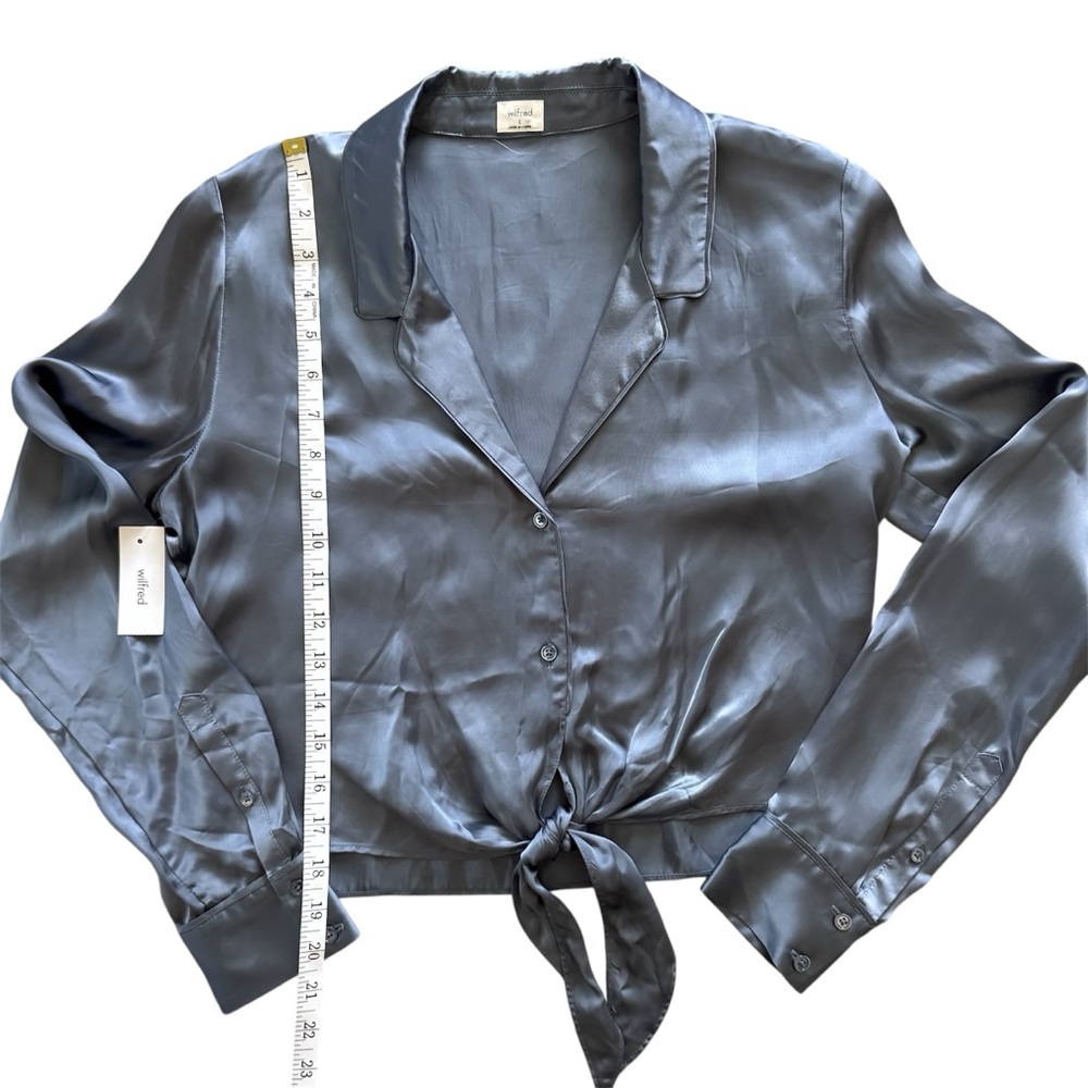 Wilfred by Aritzia Tie-Front Satin Blouse – Granite Blue – Size Small – NWT - Picture 8 of 13